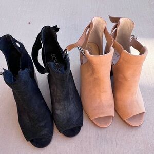 Sole Society Suede Open-Toe Sling Booties - Black & Tan